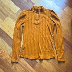 RW&CO. Yellow Ribbed Long Sleeve Blouse with Mandarin Collar